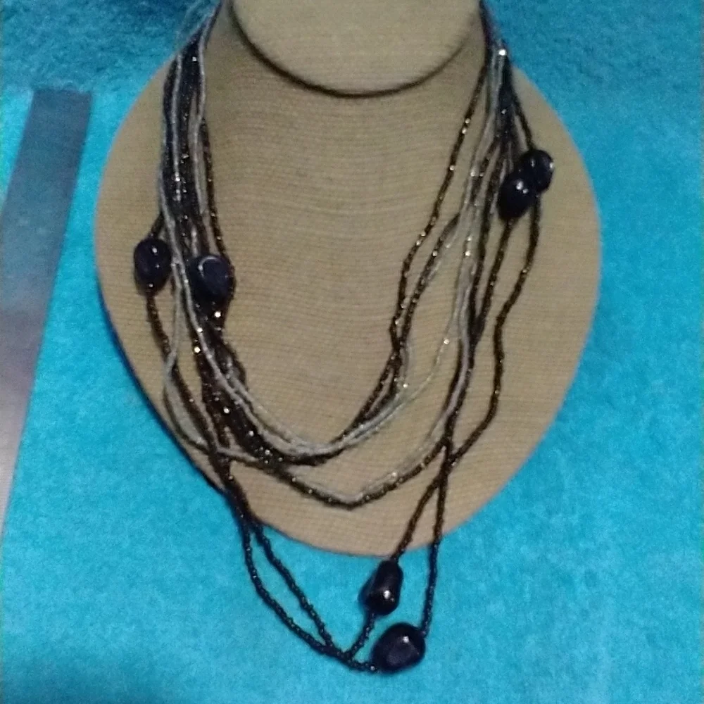 Elegant Black Clear Beaded Necklace 3 in 1 layered vintage